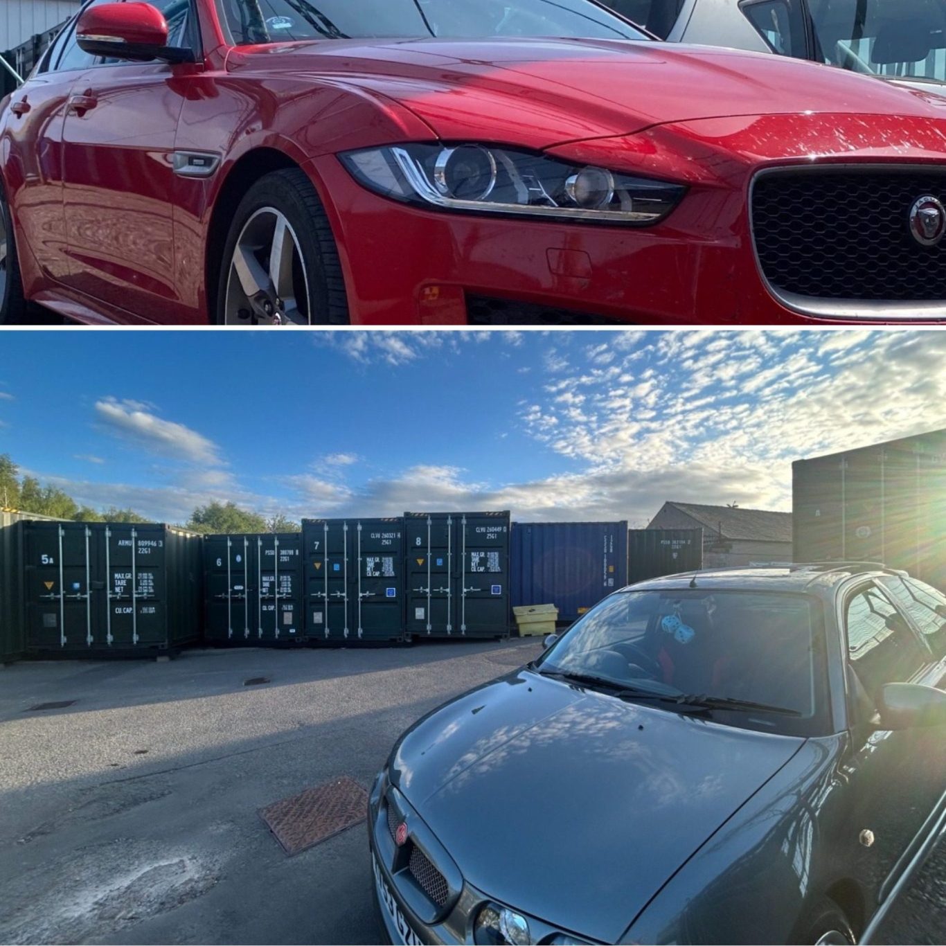silver and red car and parked infront of  shipping containers highlighting the ease of turning on a self storage site.