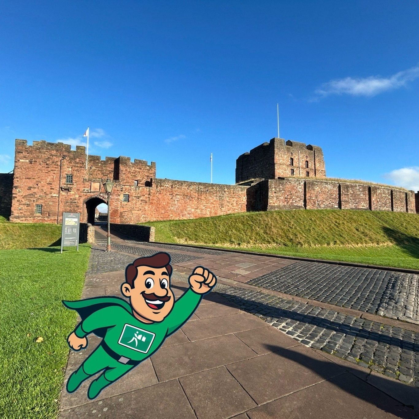 Cartoon superhero flying in front of a historic Carlisle castle under a clear blue sky.