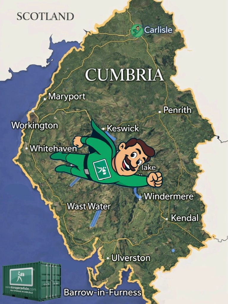 Map of Cumbria, featuring a cartoon character in a superhero pose.