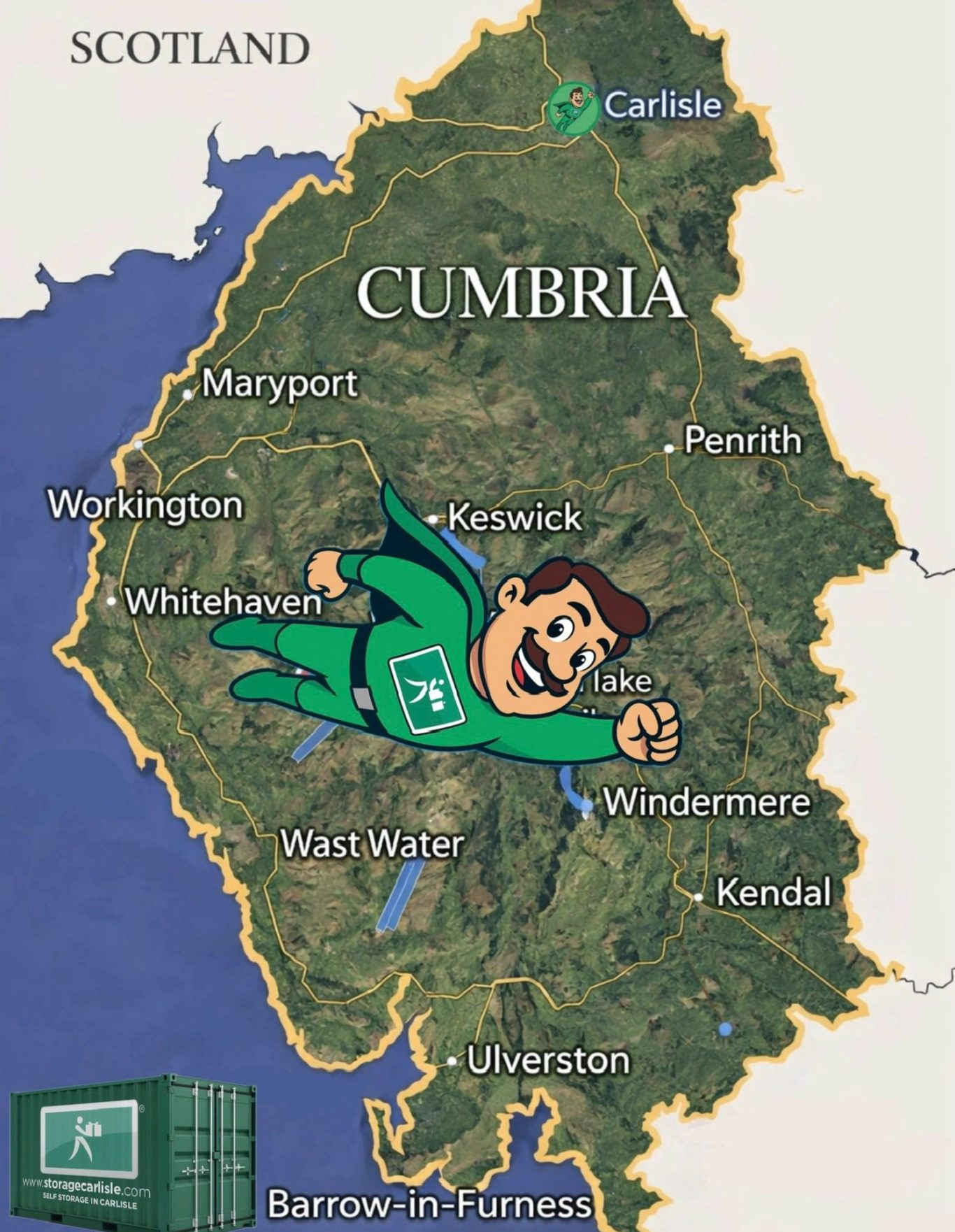Map of Cumbria with a cartoon superhero character flying over the area.
