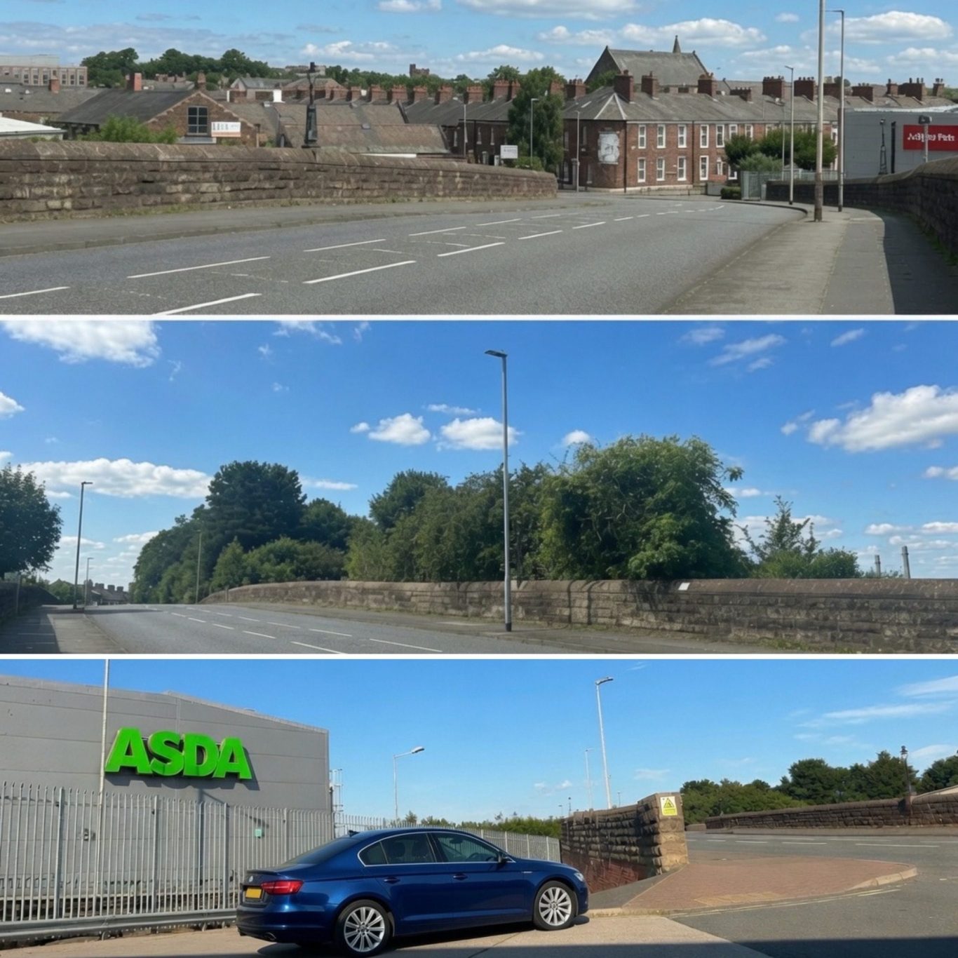 Street view featuring an ASDA sign, residential buildings, and clear blue skies located at St. Nicholas Bridges, Currock, Carlisle.