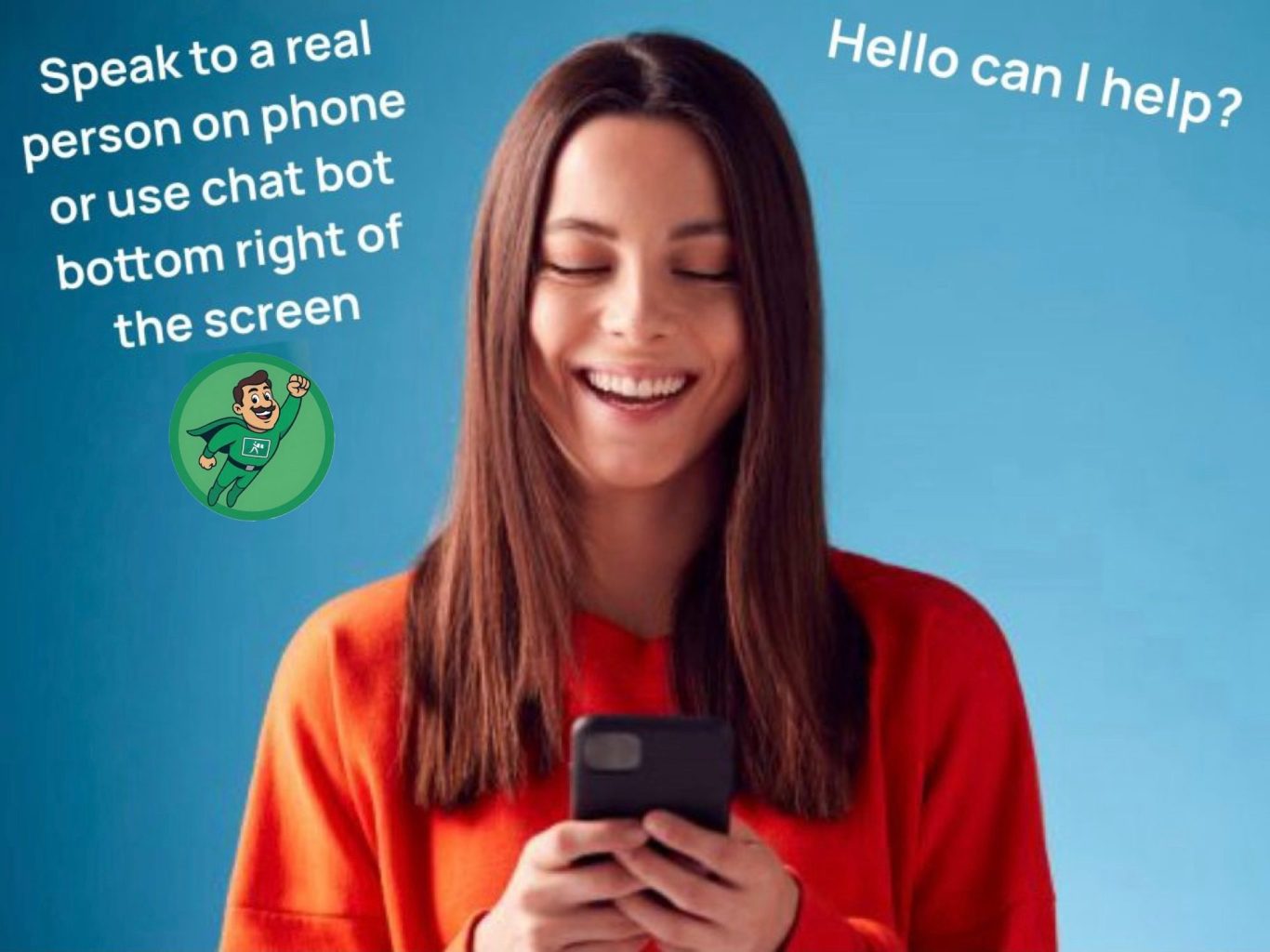 Smiling woman in red sweater using a phone against a blue background with help text.