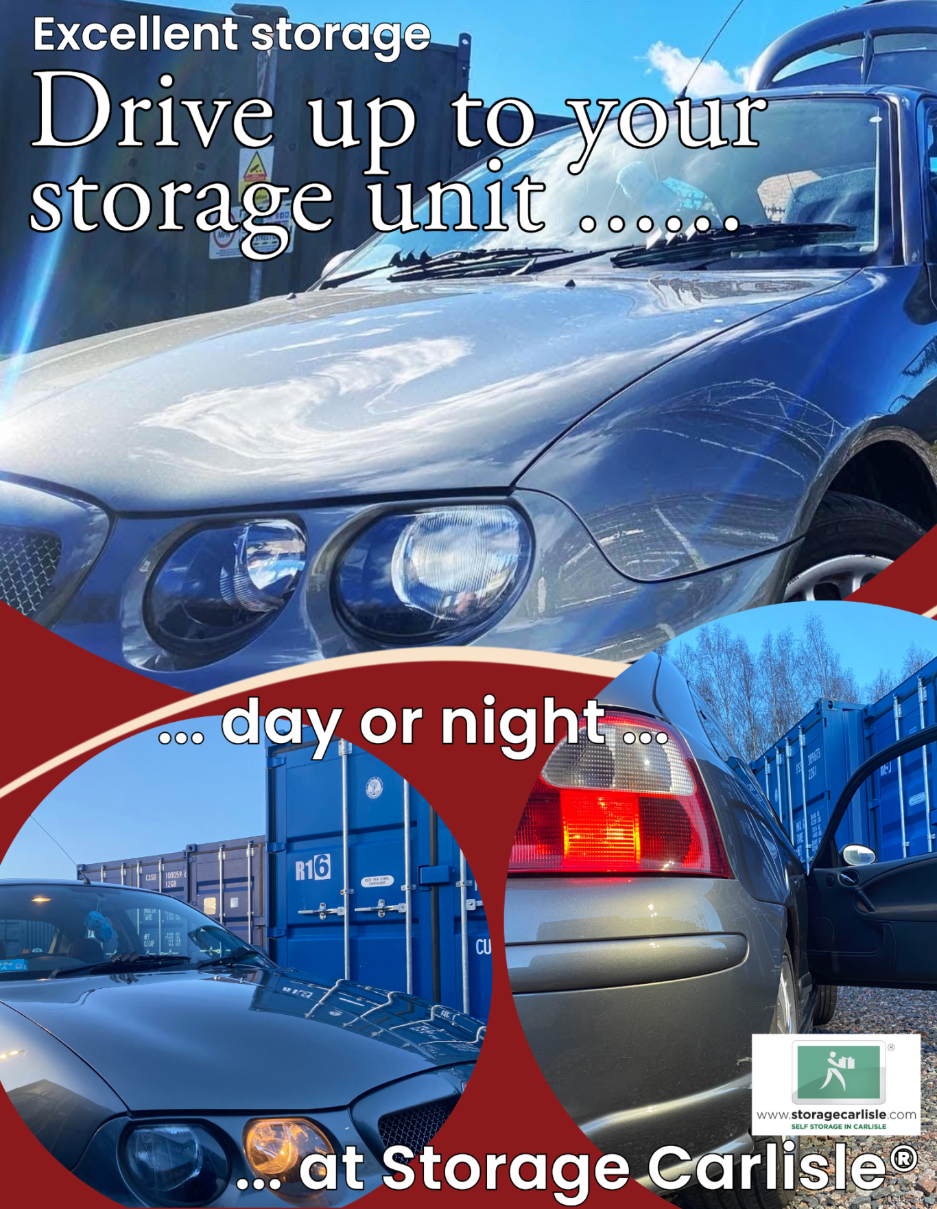 Promotional graphic for Storage Carlisle, featuring a motor car near self storage units during daytime and evening.