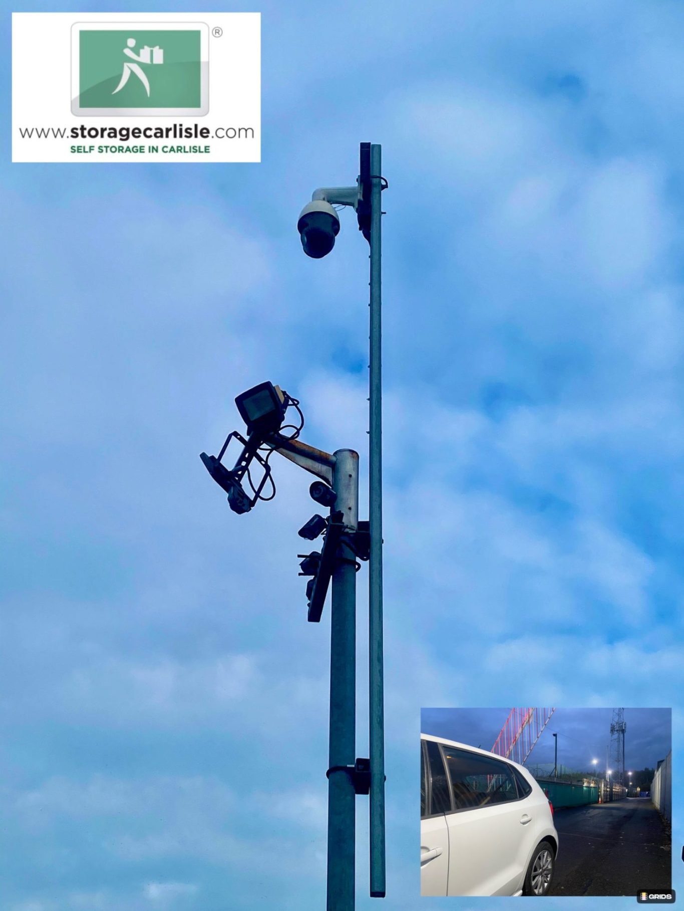 lighting and cctv on a pole at storage facility