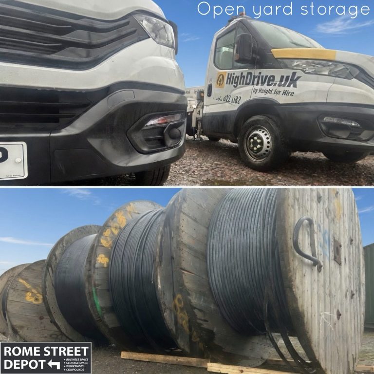 Open yard storage with a van and large cable reels on open yard storage space.