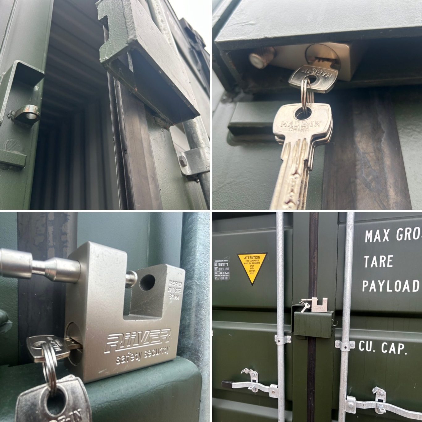 montage of 74mm lockbox padlock attached to a shipping container