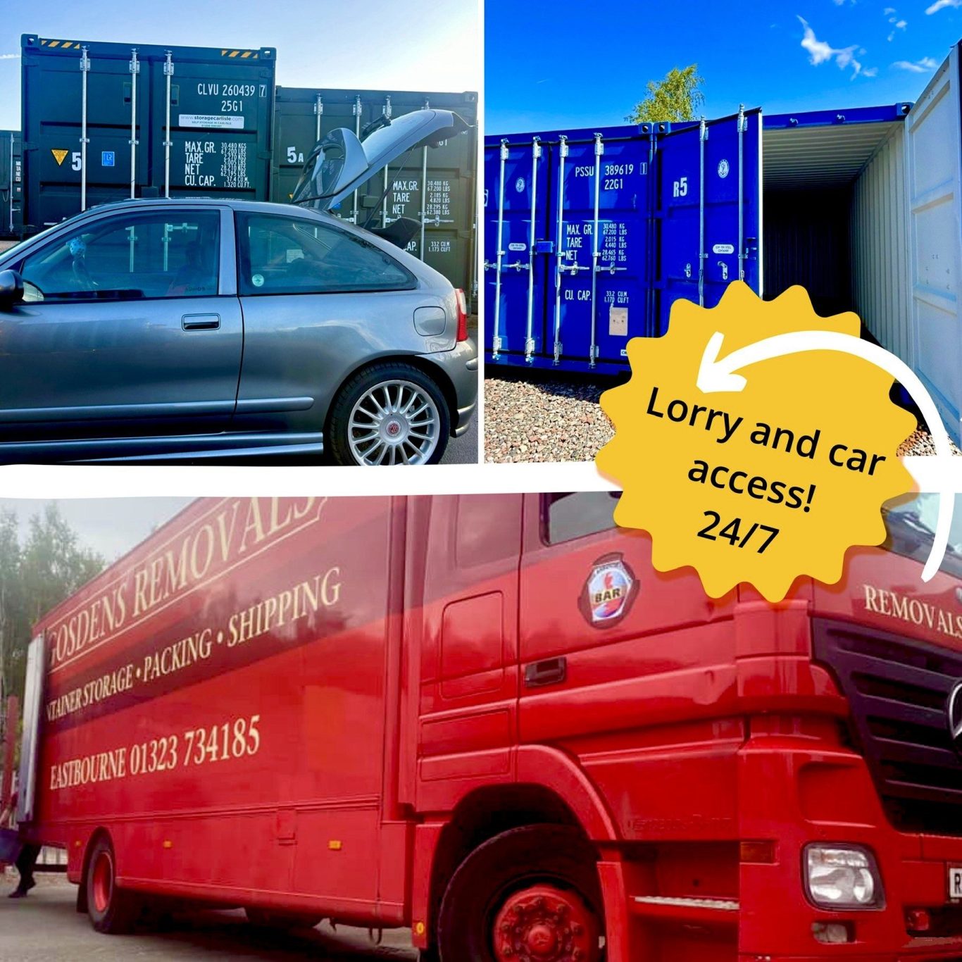 Collage of vehicles including a car, blue shipping containers, and a red removals lorry unloading contents into a shipping container. 
