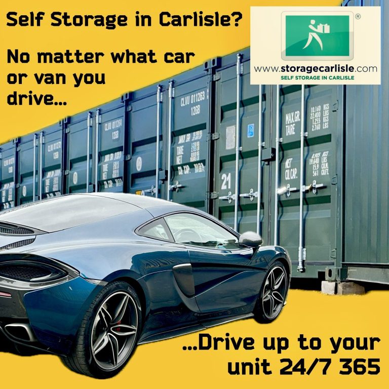 A McLaren sports car parked near storage containers with a self-storage advertisement.