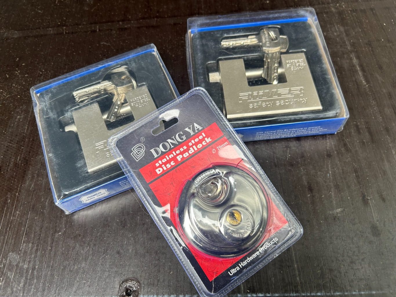 Three heavy duty padlocks in their packaging