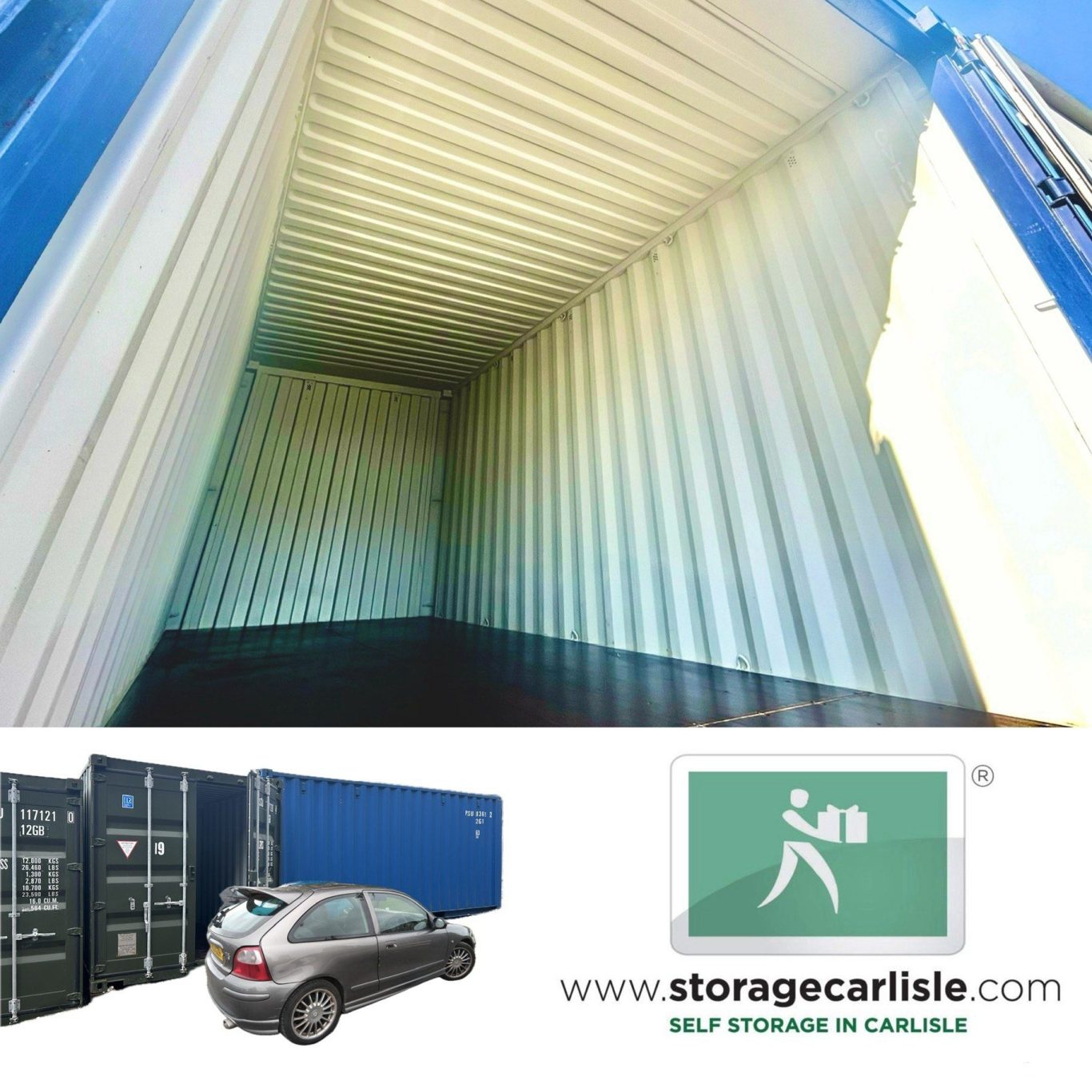 A view inside a storage container with a parked car outside.
