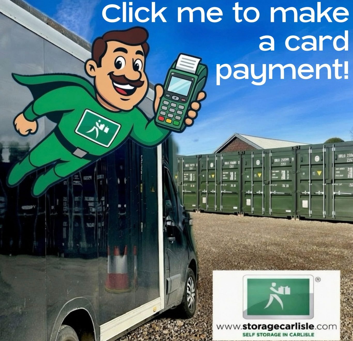 Cartoon character promoting card payments next to a delivery van and storage containers.