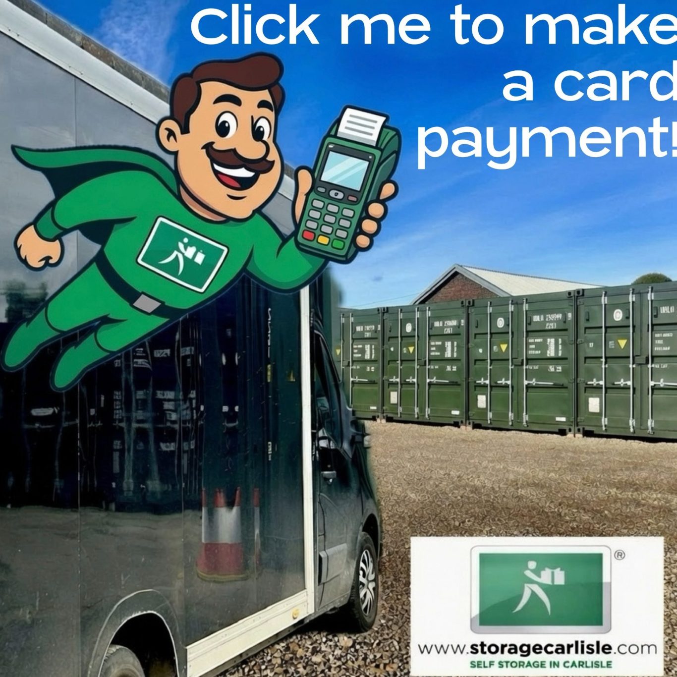 A delivery van with a character holding a card machine, promoting card payments.