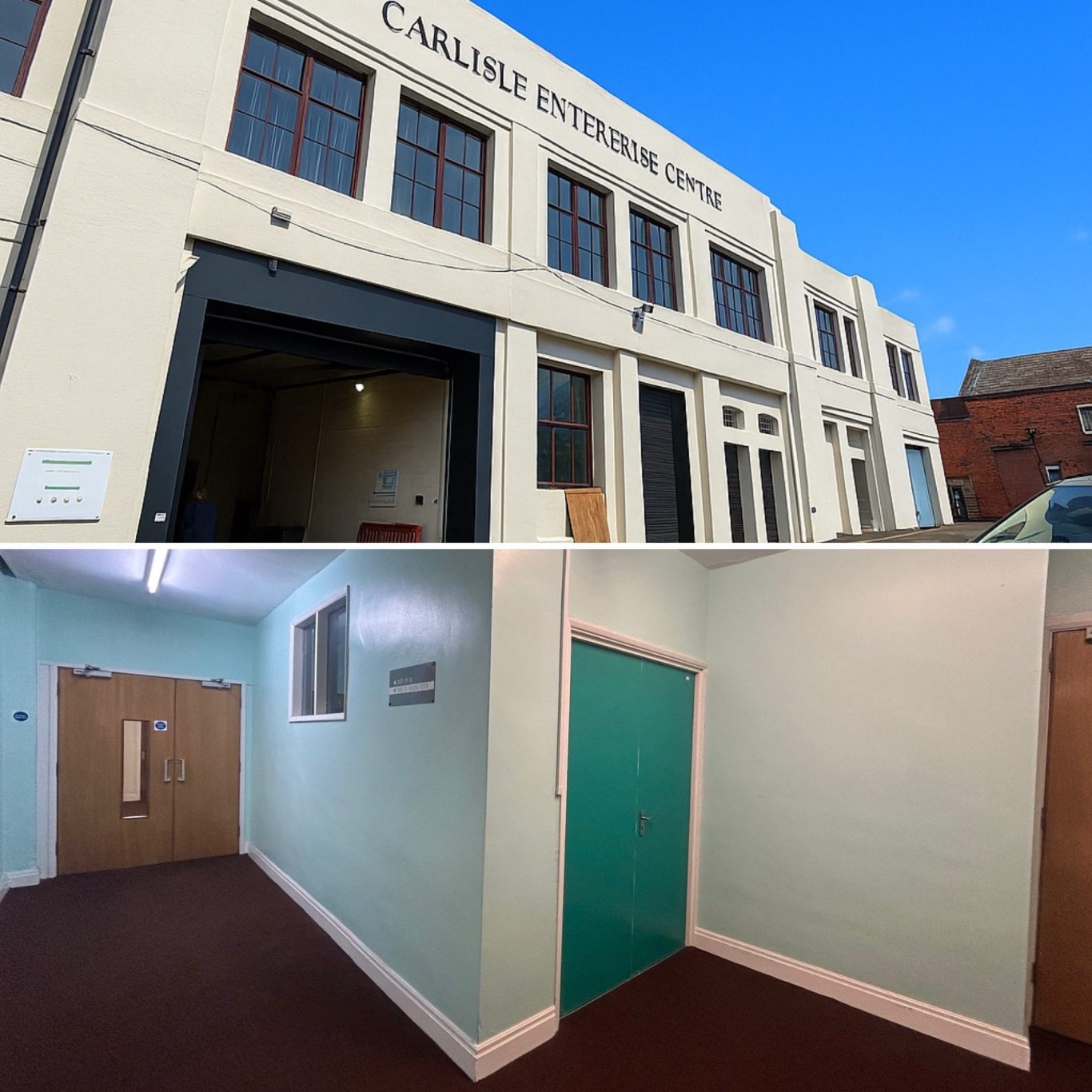 Exterior and interior views of the Carlisle Enterprise Centre, featuring doors and walls in pastel colours.