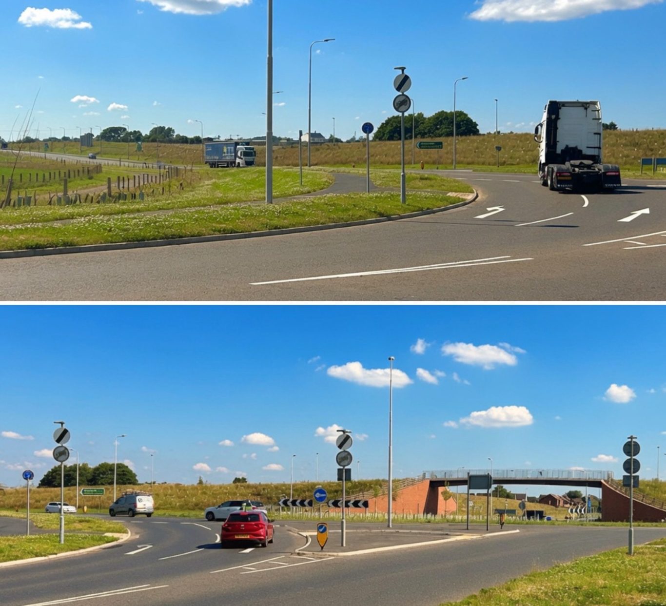 A roundabout at The Carlisle Southern Link Road with vehicles and clear blue skies.