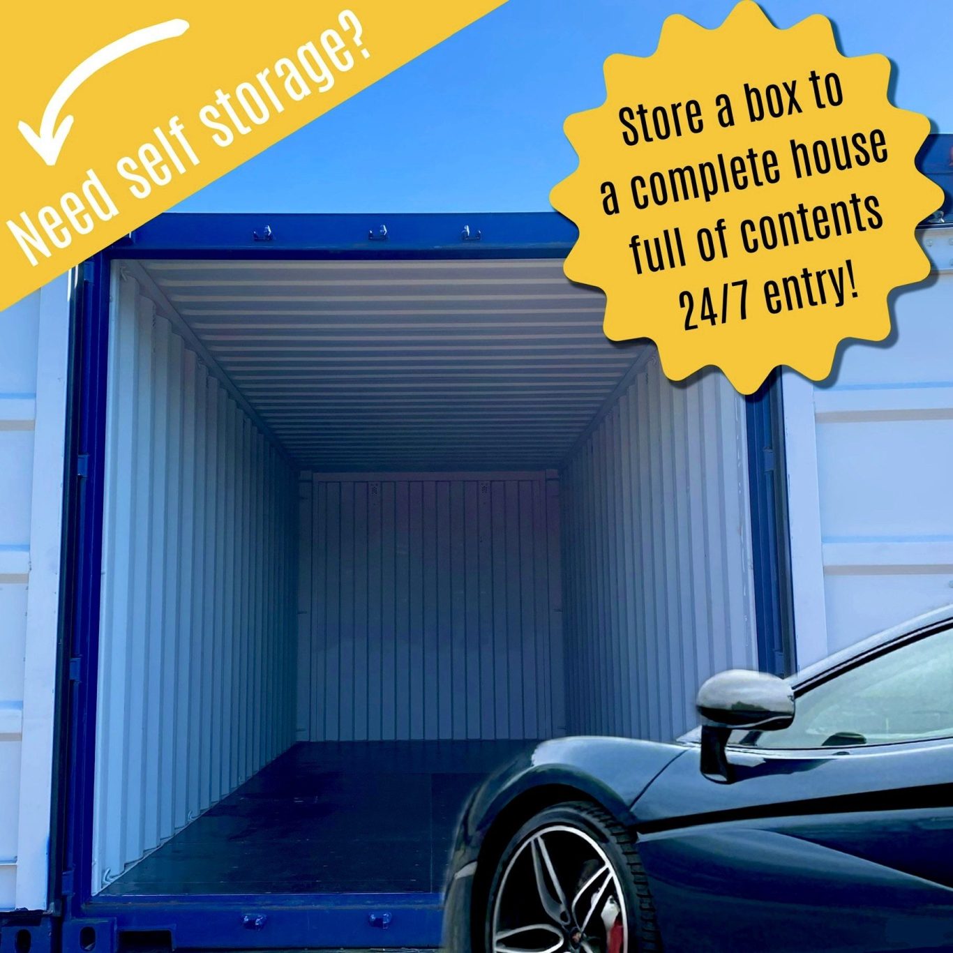 A large empty storage container with a car parked beside it, promoting 24/7 access.