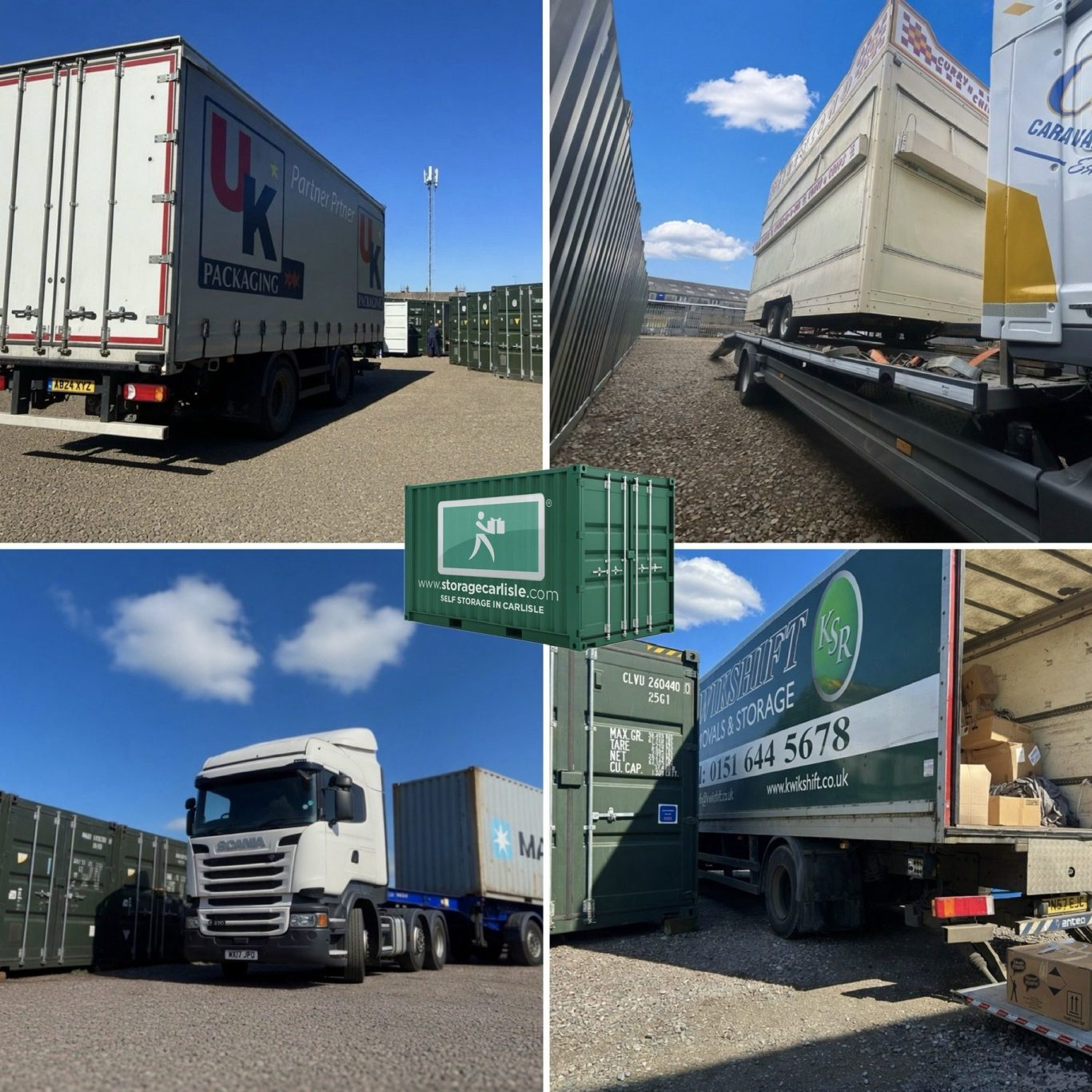 Trucks parked near shipping containers in a storage facility under a clear blue sky.