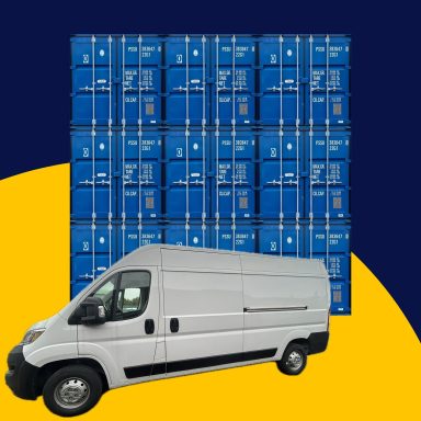 A white van in front of a stacked array of blue shipping containers.