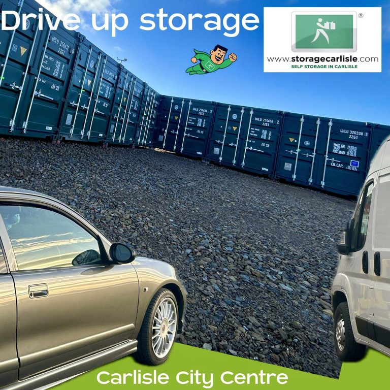 Drive-up storage facility in Carlisle City Centre with containers and vehicles.