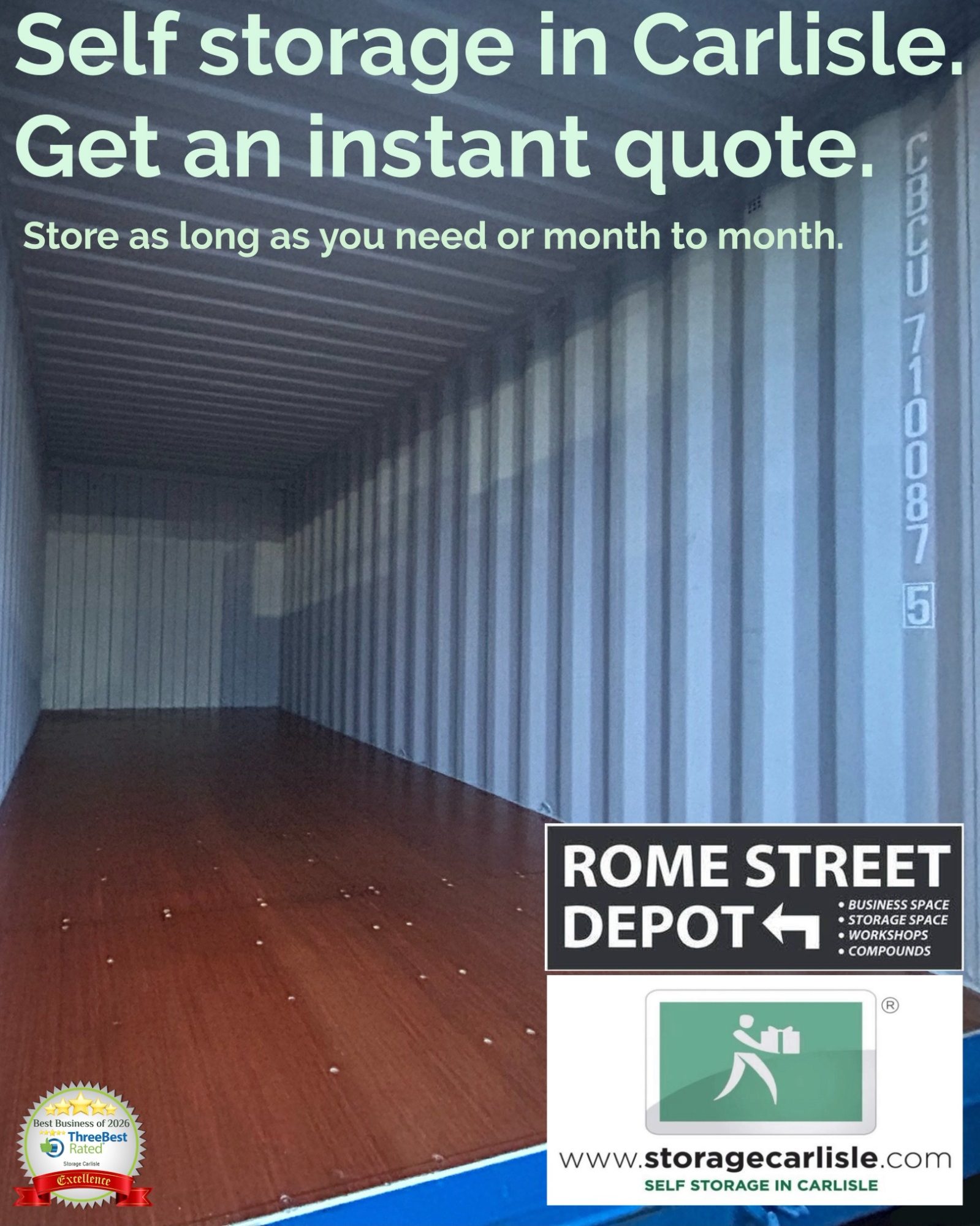 Empty clean spacious self-storage container with wooden floor in Carlisle, Cumbria.