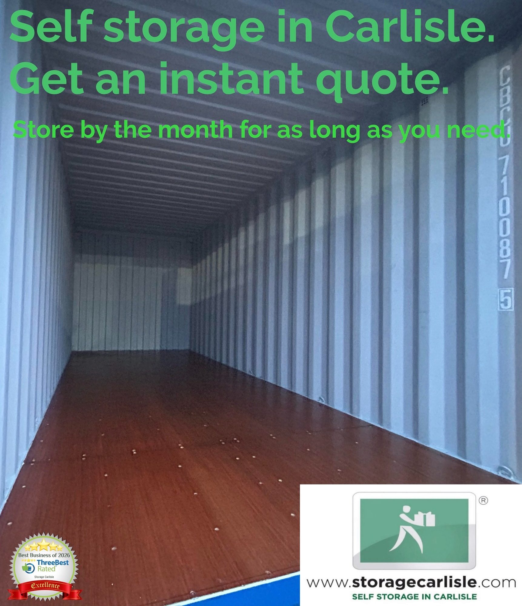 Empty clean spacious self-storage container with wooden floor in Carlisle, Cumbria.