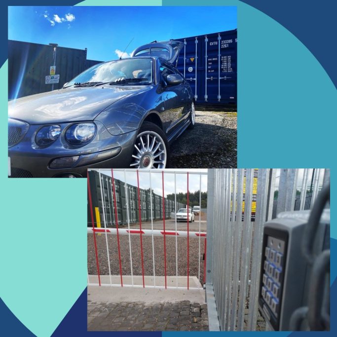 A parked car near a storage facility with security gate and keypad.