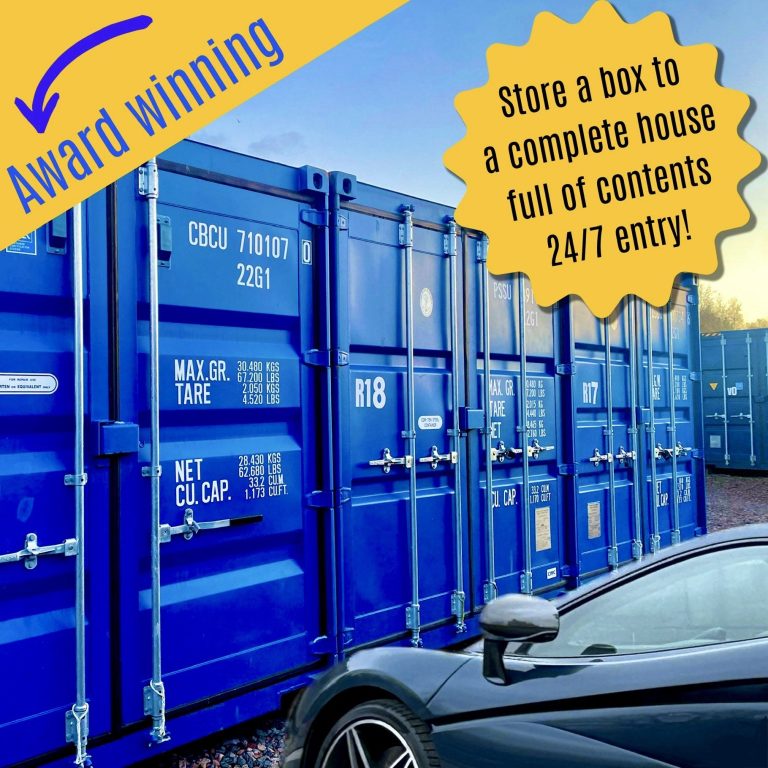 Blue shipping containers with text promoting 24/7 access and storage solutions.
