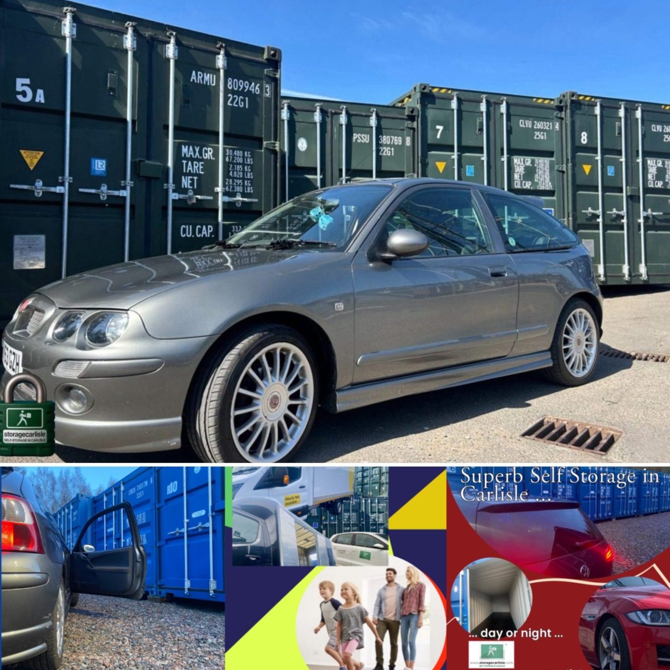 Silver hatchback car parked in front of green storage containers under a clear blue sky.
