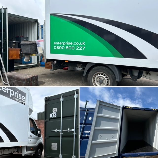 Vans unloading at storage facility