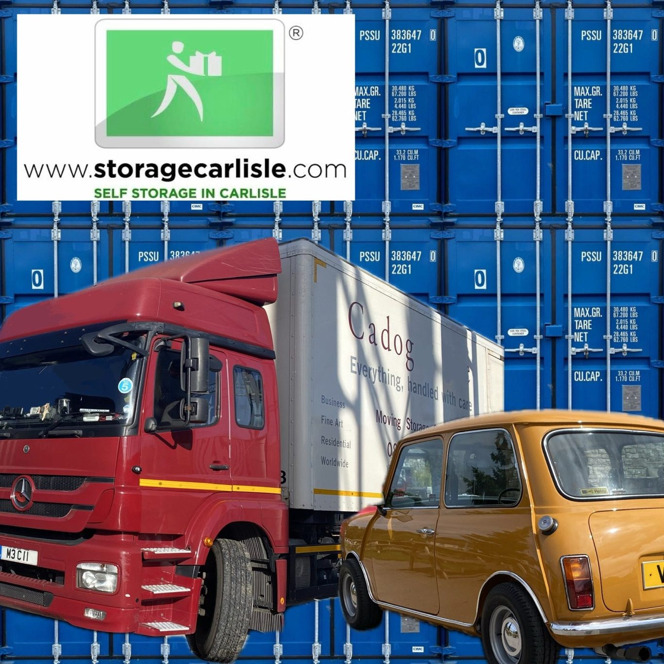 a lorry and a small car outside a row of shipping containers