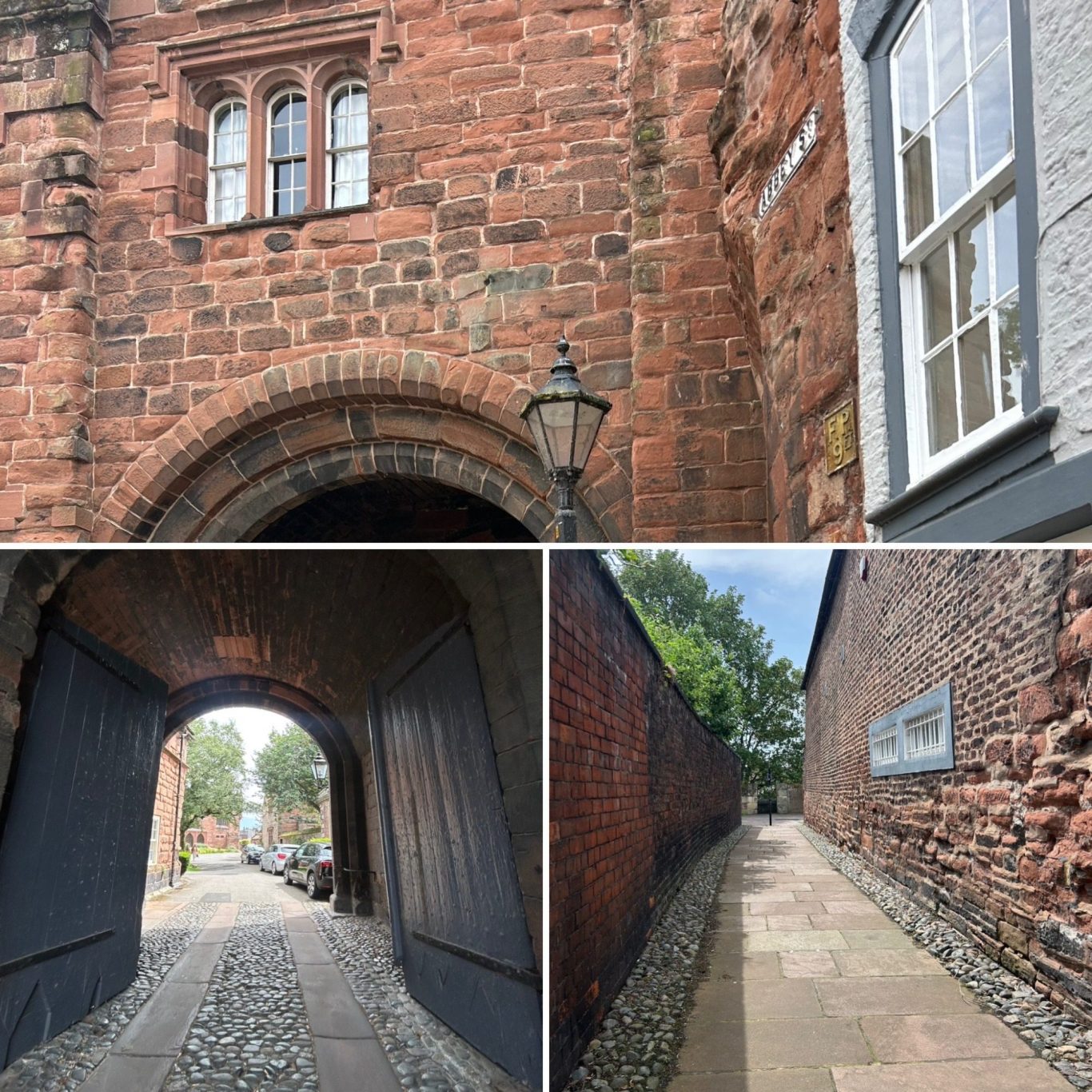 Red stone wall with archway, lamp, and pathways lined with pebbles in a historic setting in Carlisle, Cumbria close to Abbey Street.