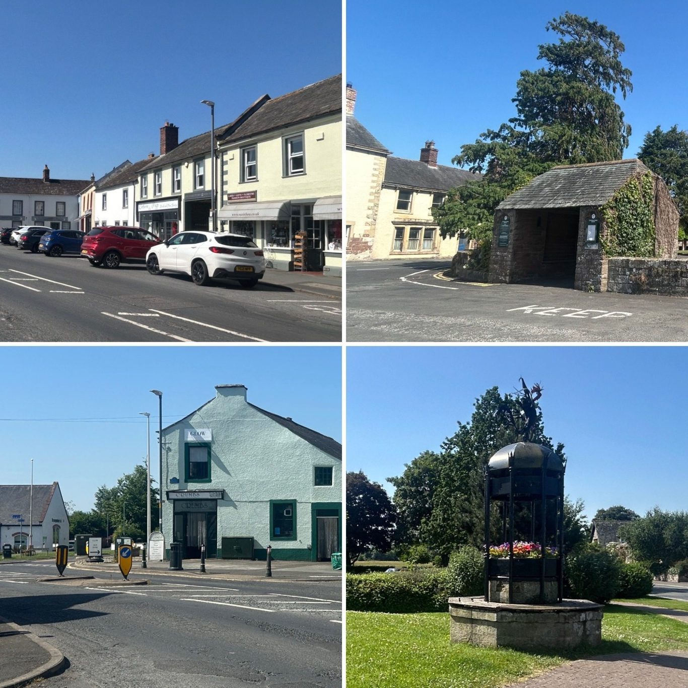 Four images featuring a village scene in Dalston, Cumbria, a bridge, a building, and a decorative statue.