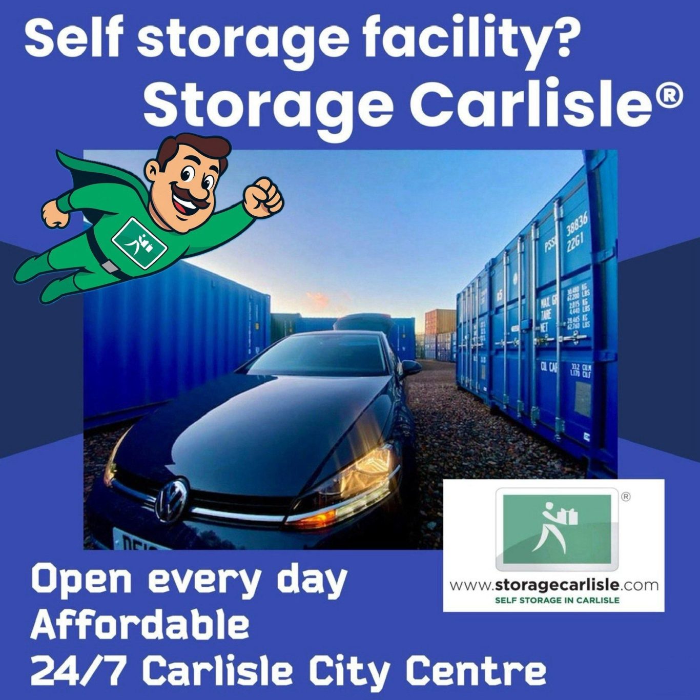 Superhero logo promoting Self Storage Carlisle with storage containers and a car.