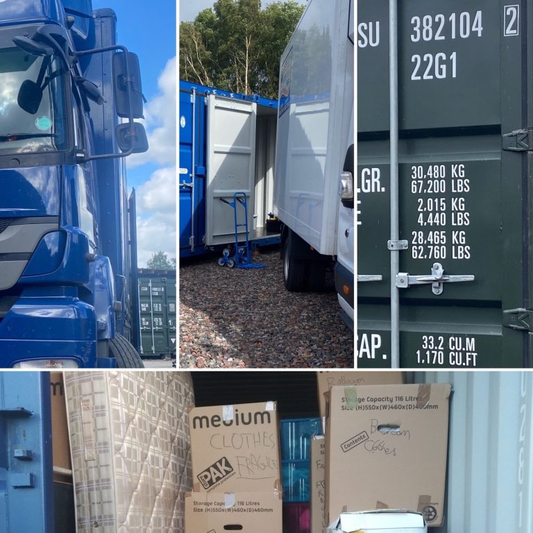 a removals lorry unloading into a storage unit