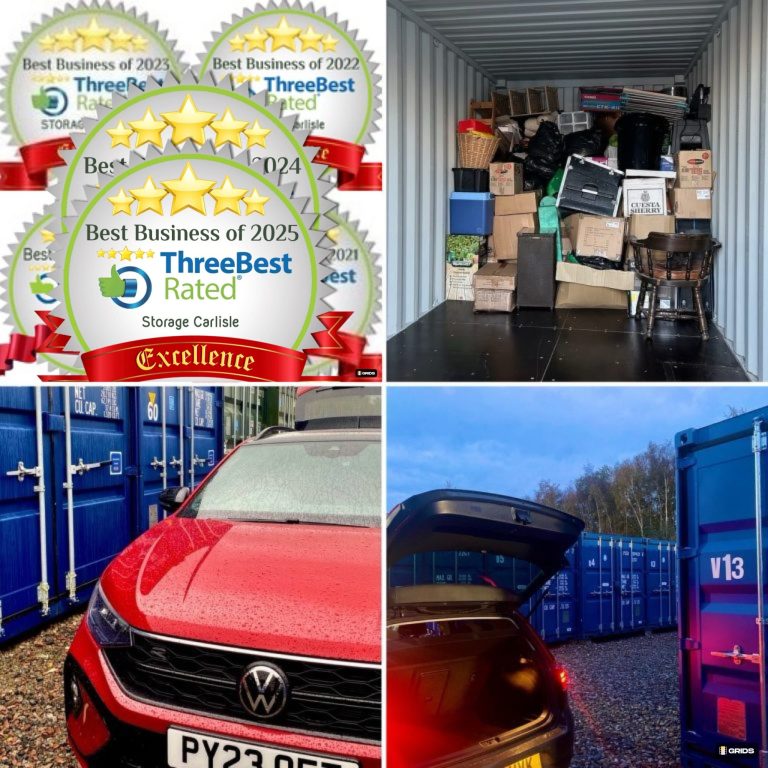 montage of cars at a storage facility