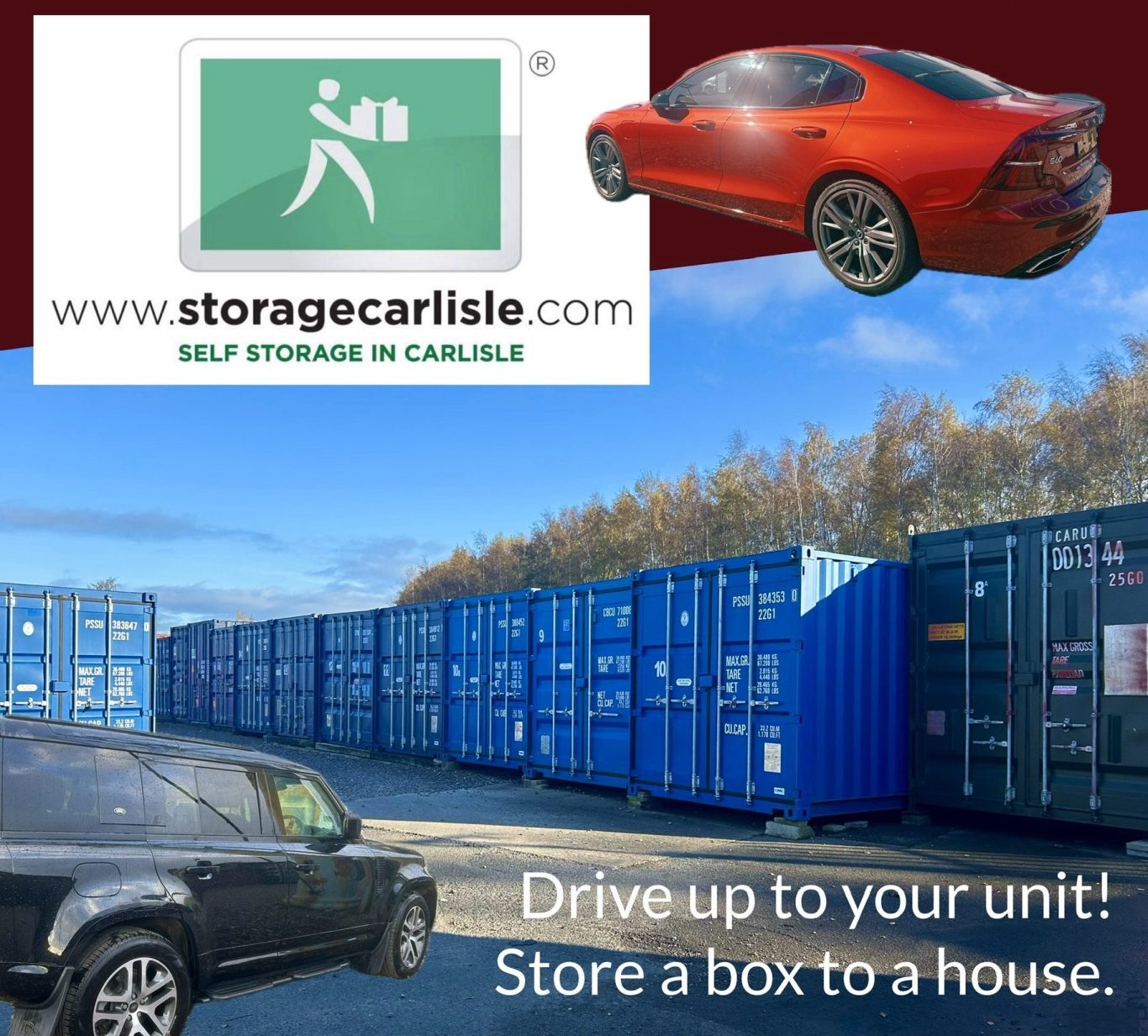 A car parked next to storage containers highlighting drive-up access to the container.