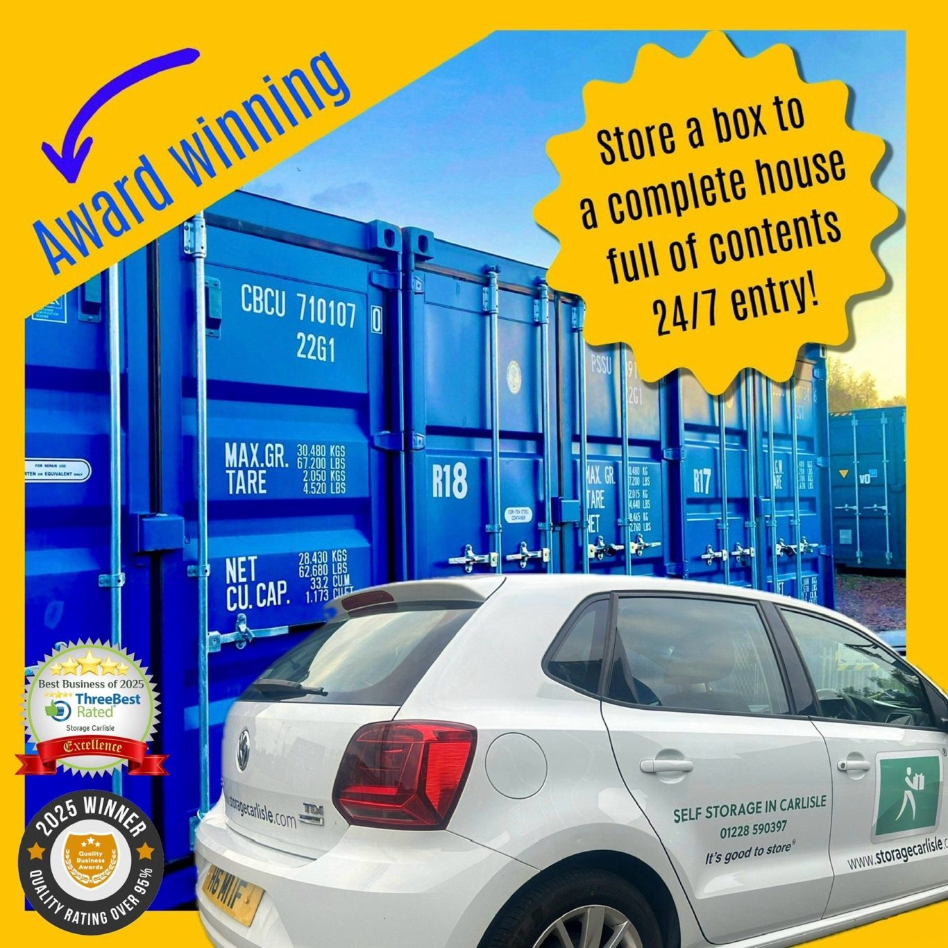 A white car parked near blue shipping containers with promotional text.