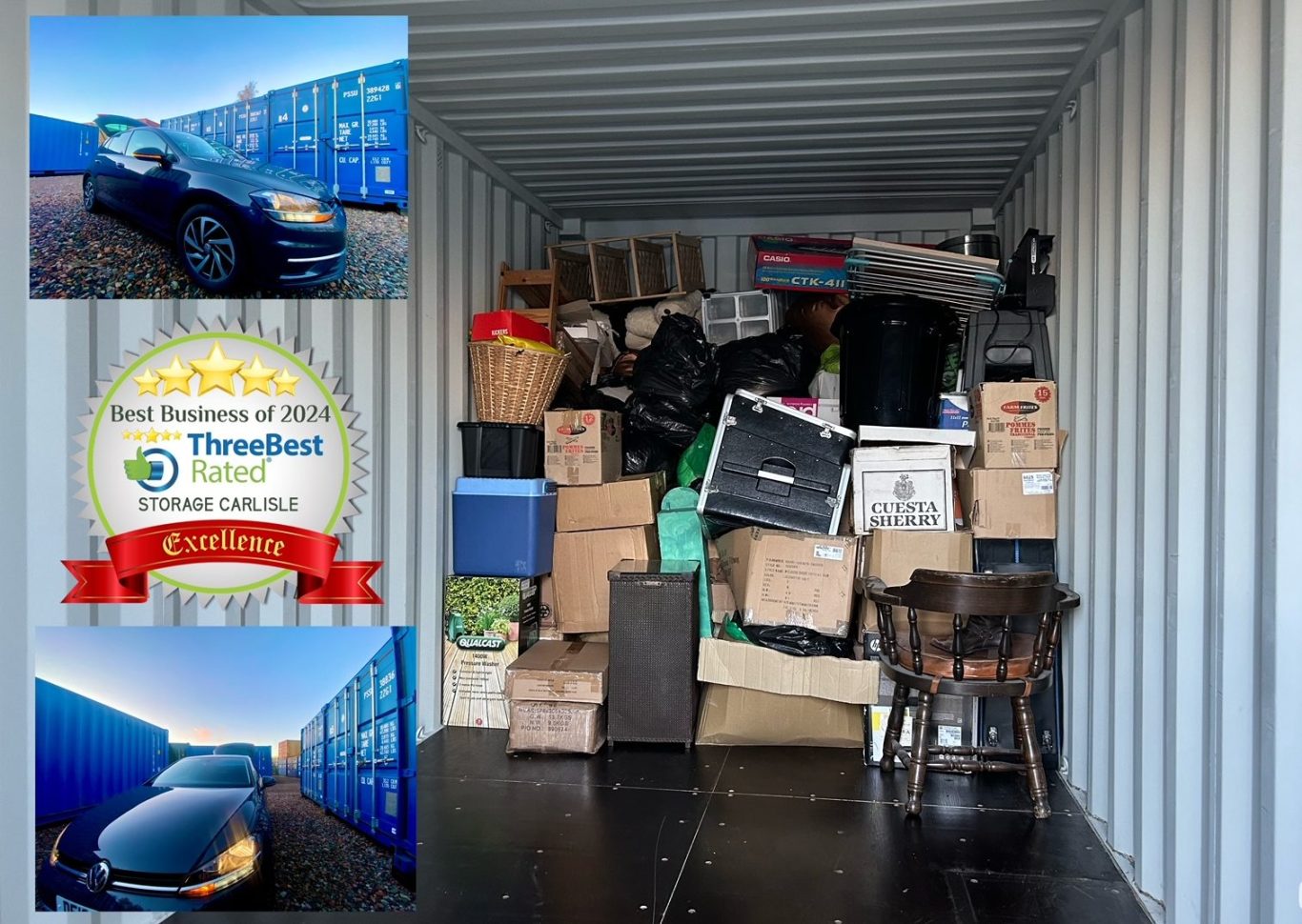 motor cars with boot lid open about to unload contents into storage