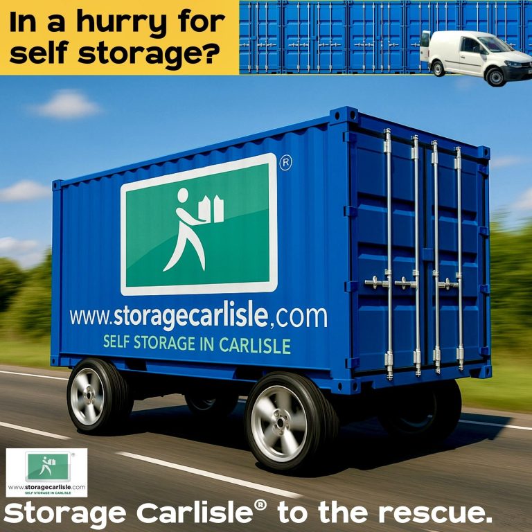Blue storage container on wheels, promoting Storage Carlisle, driving on a road.