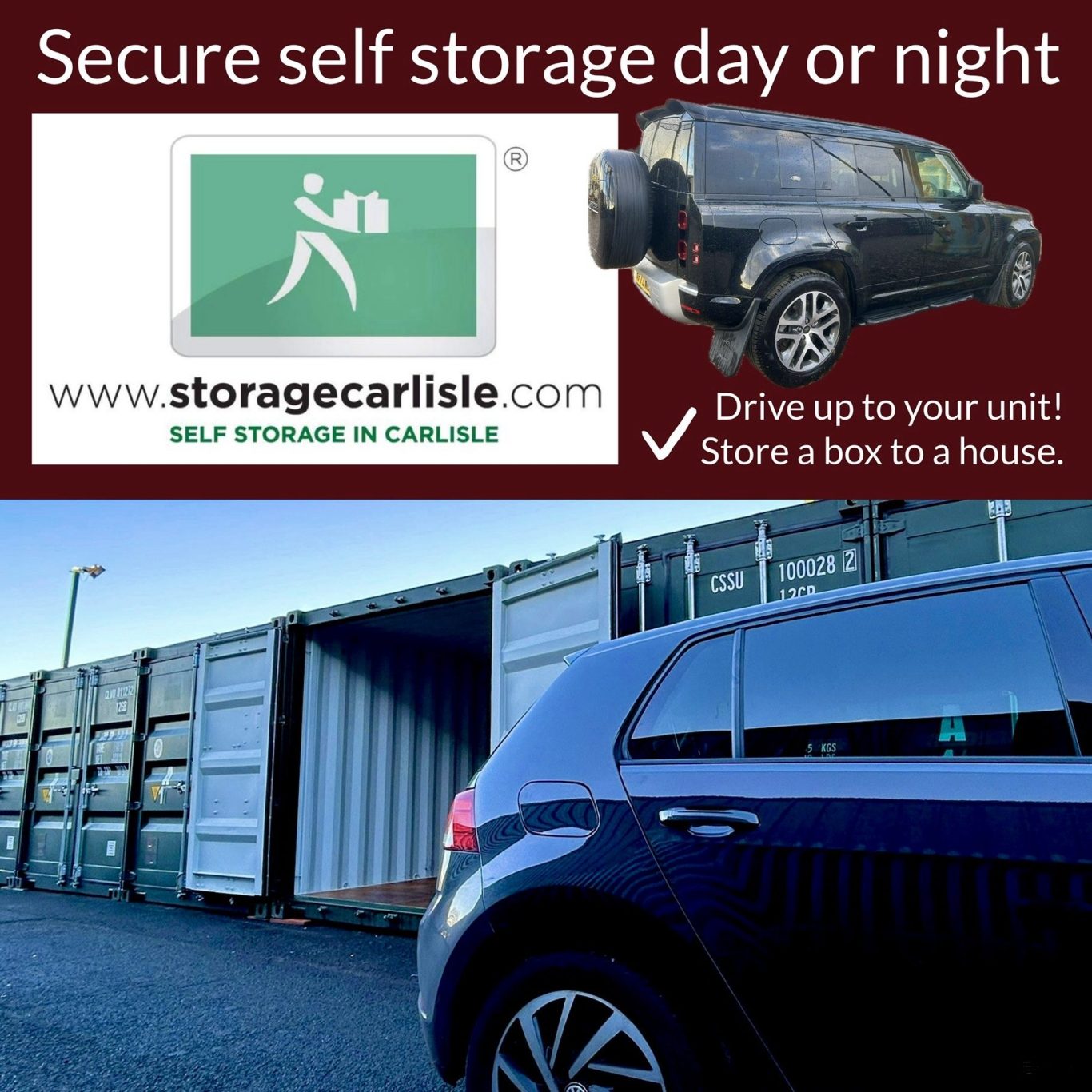Side view of a black car parked near storage containers with promotional text for Storage Carlisle.