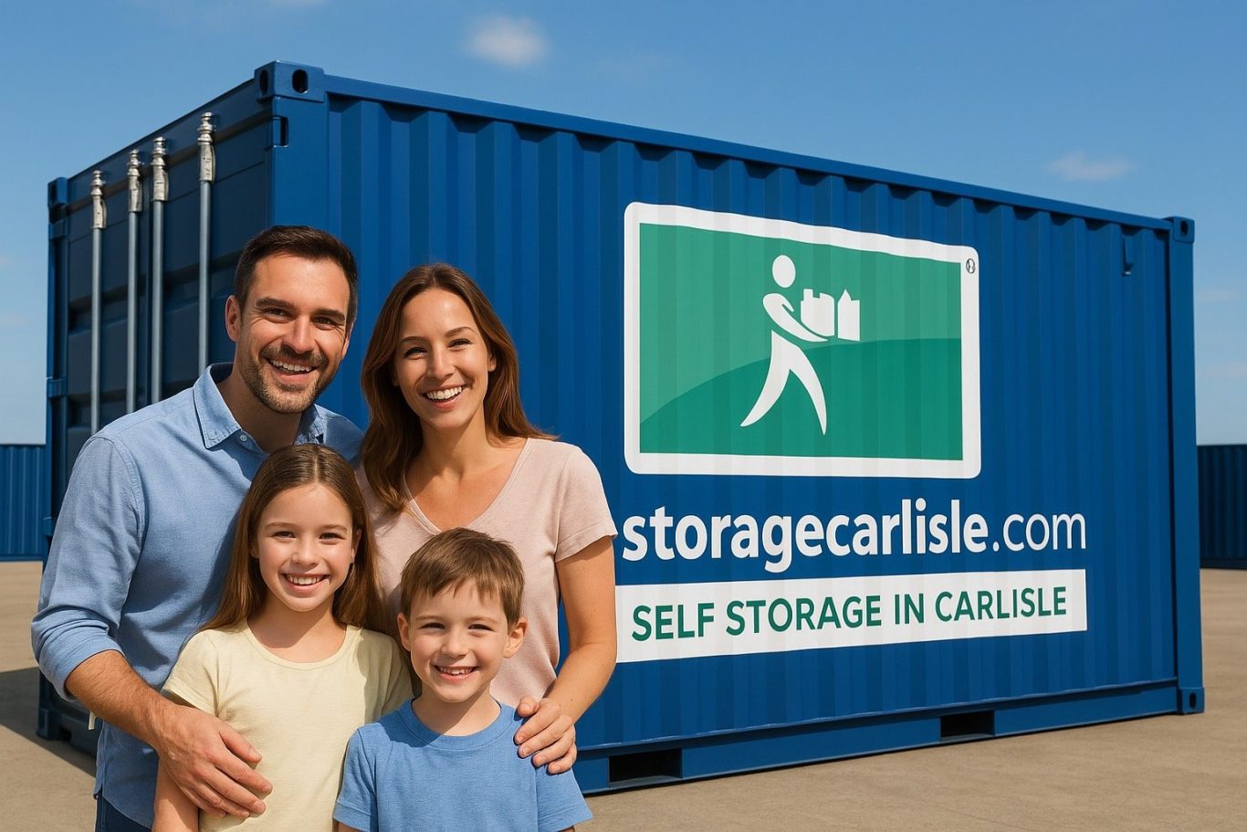 A family of four smiles in front of a blue storage container.