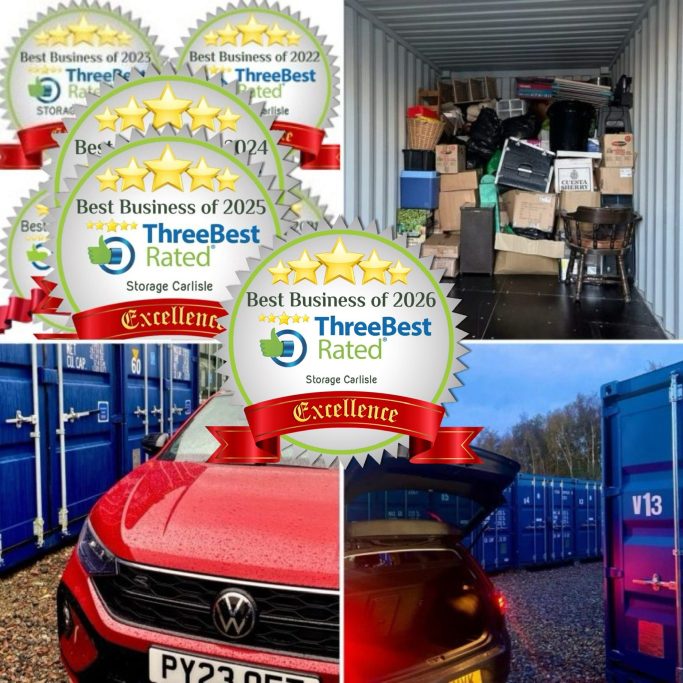 Storage containers filled with boxes and awards for best-rated service.