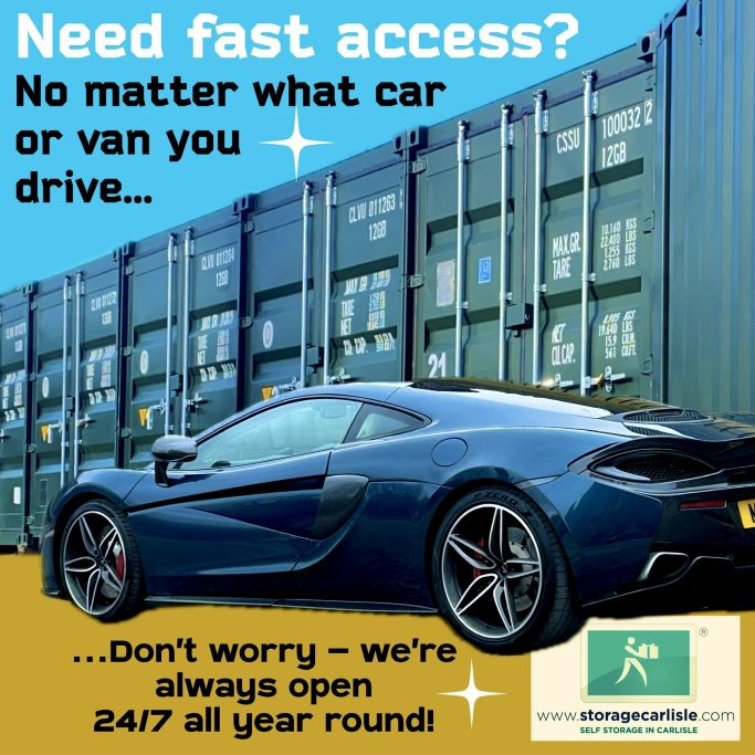 A sleek blue sports car parked in front of storage containers with promotional text.