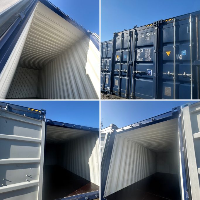 Four views of an empty shipping container, showcasing its interior and exterior structure.