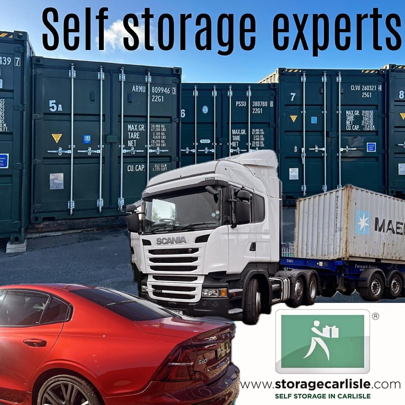 Self-storage facility with containers, a truck, and a red car in the foreground.