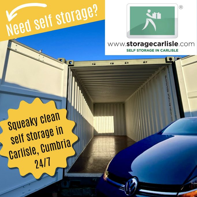 Clean self-storage unit with a parked car, promoting 24/7 access in Carlisle.