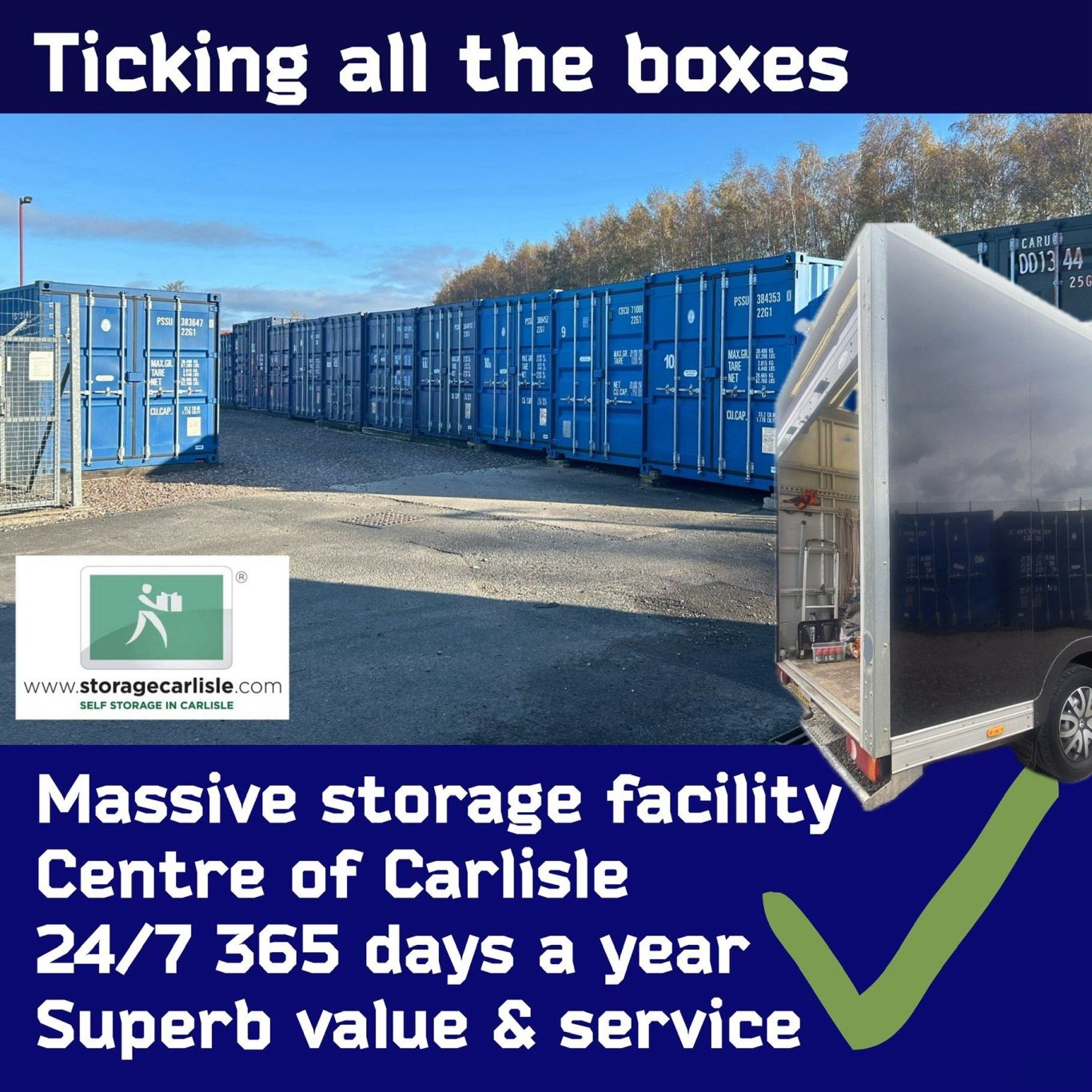 Large storage facility in Carlisle, available 24/7, showcasing containers and service quality.