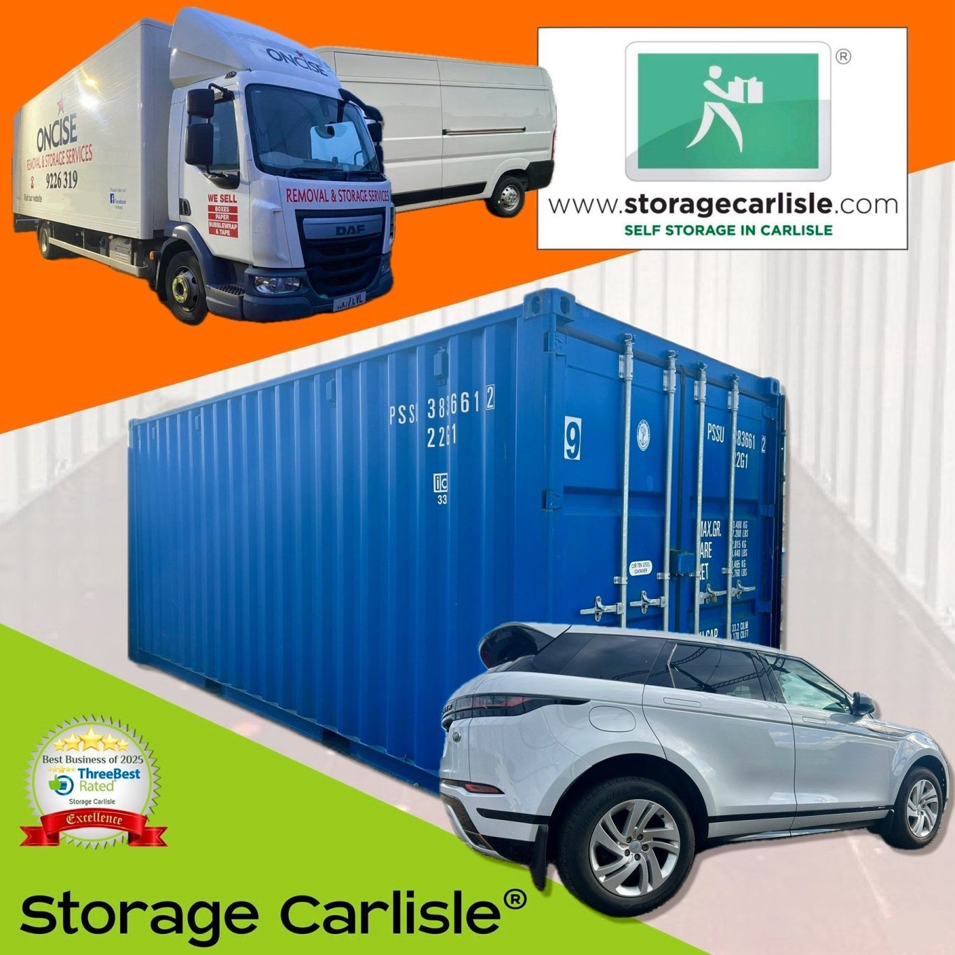 A blue storage container, a delivery truck, and a silver car on a colourful background.