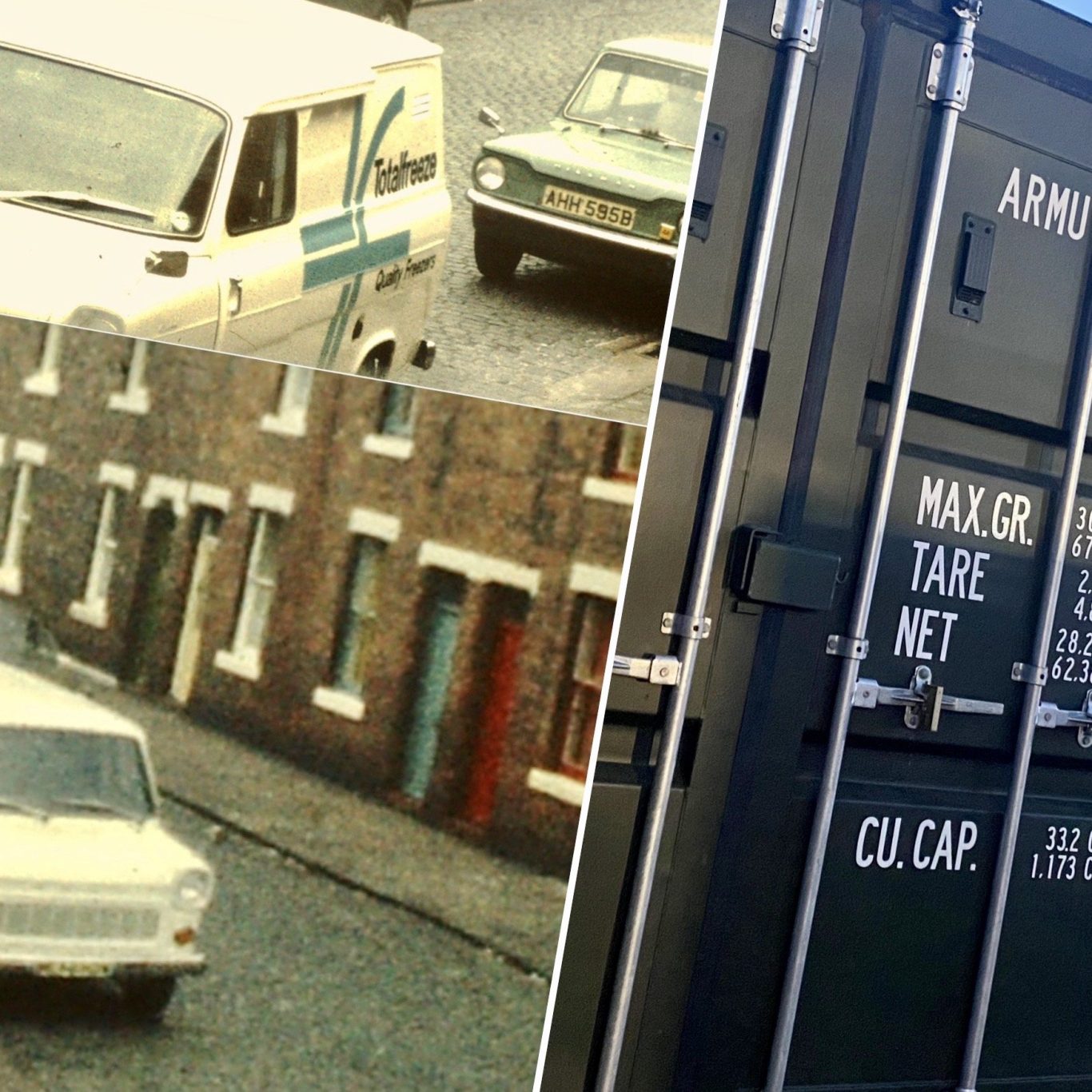 period picture of 1970s cars and modern shipping container