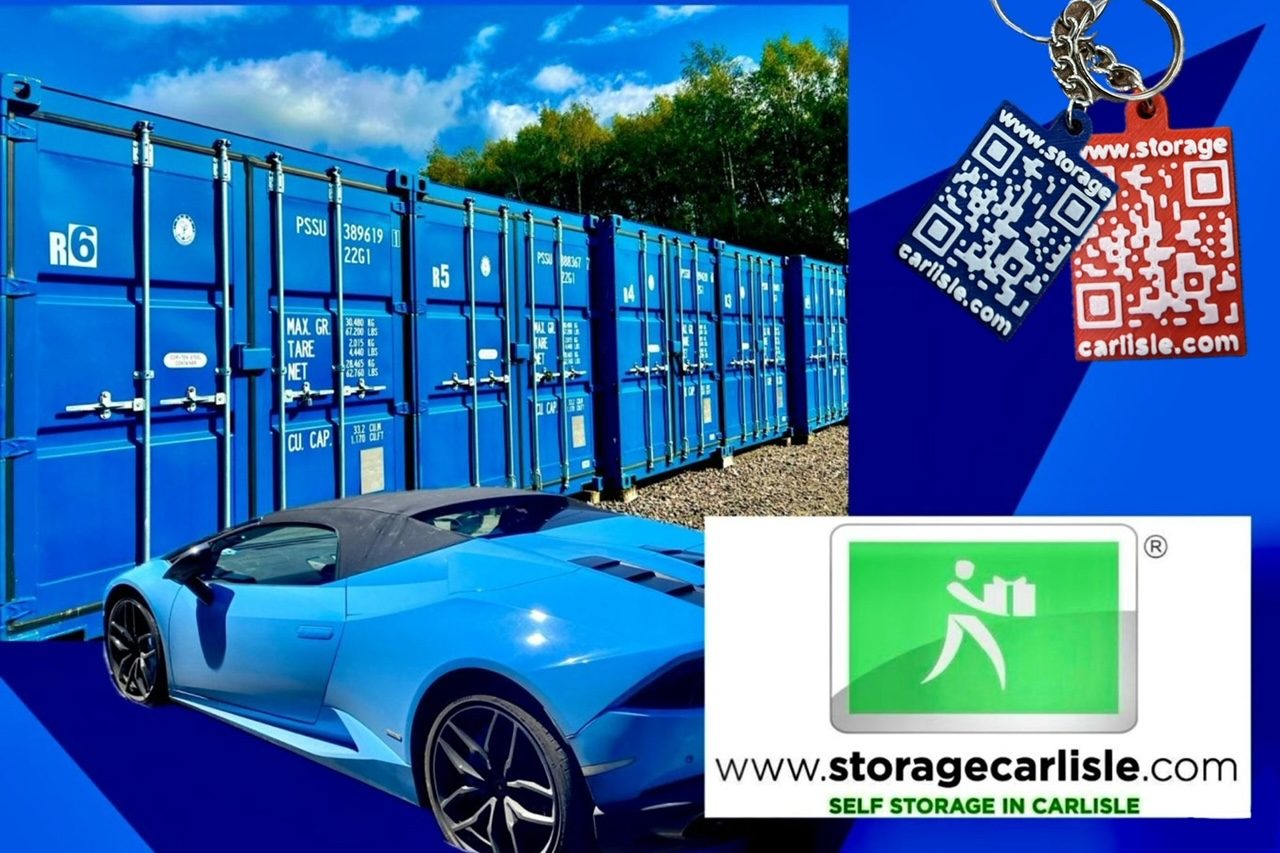 Blue sports car parked beside blue shipping containers and a QR code advertisement.