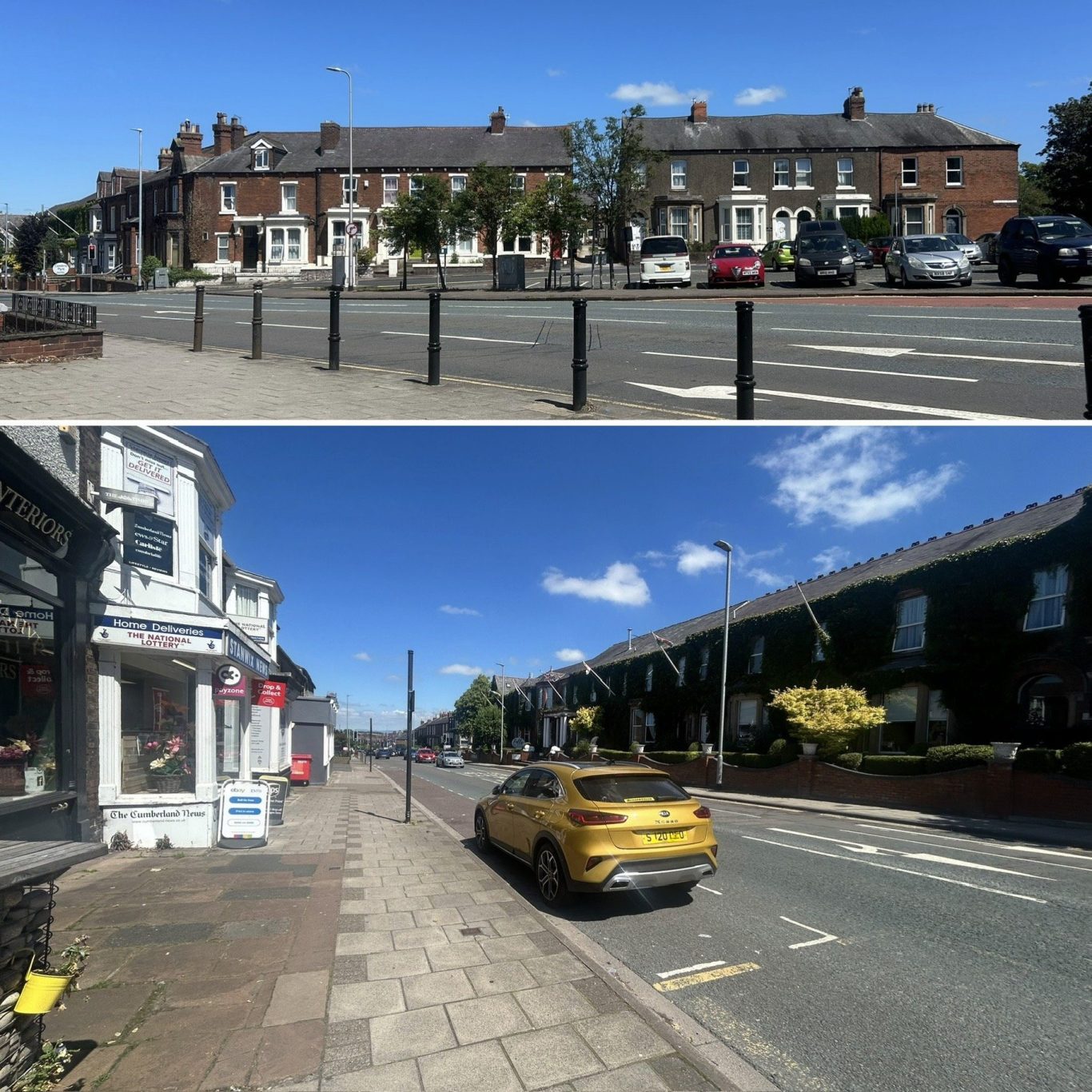 Street view showcasing residential buildings in Stanwix, Carlisle and parked cars under a clear blue sky.